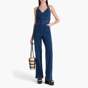 Paige Leenah Halter Denim Jumpsuit Wide Leg Belted Blue